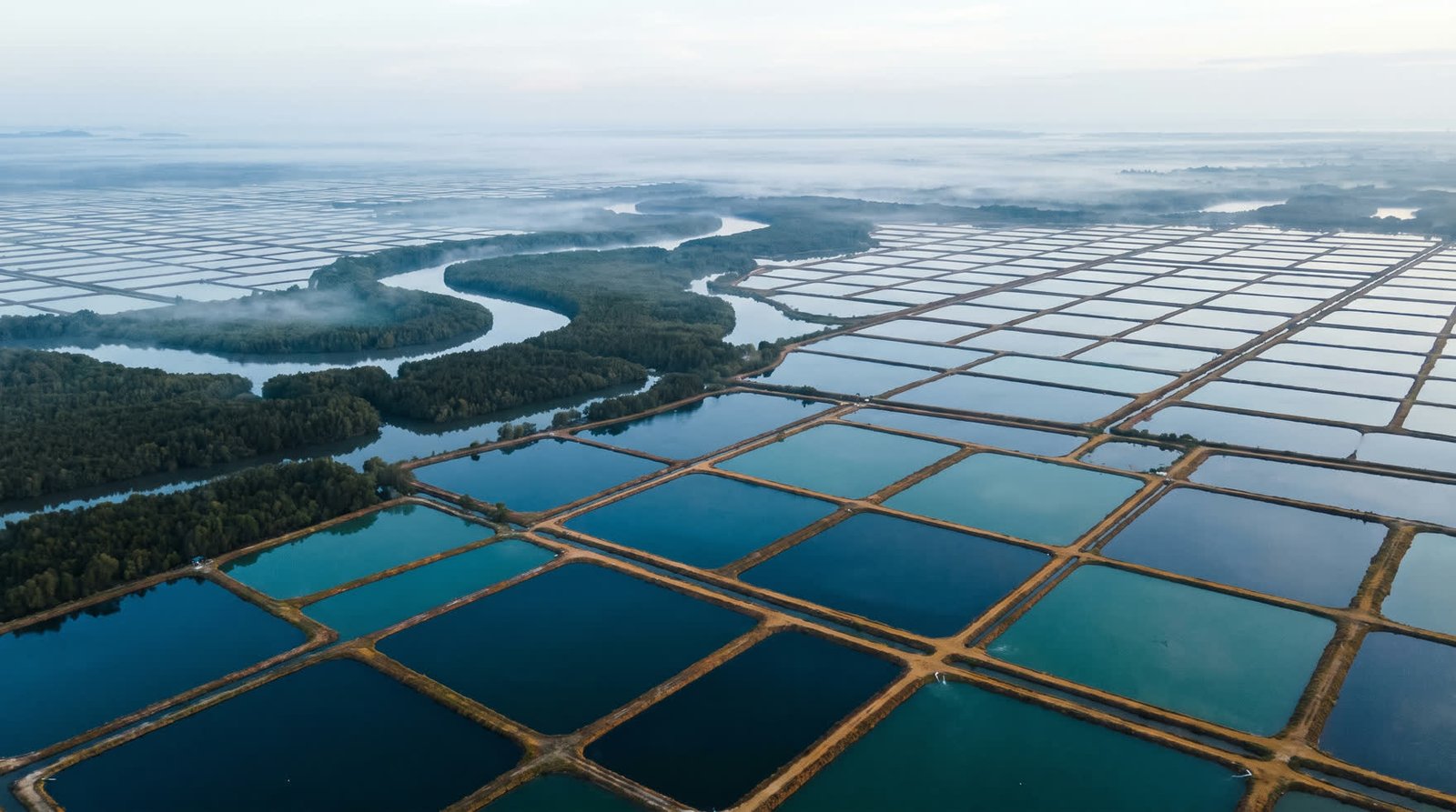 Aerial view of an aquaculture pond farm
