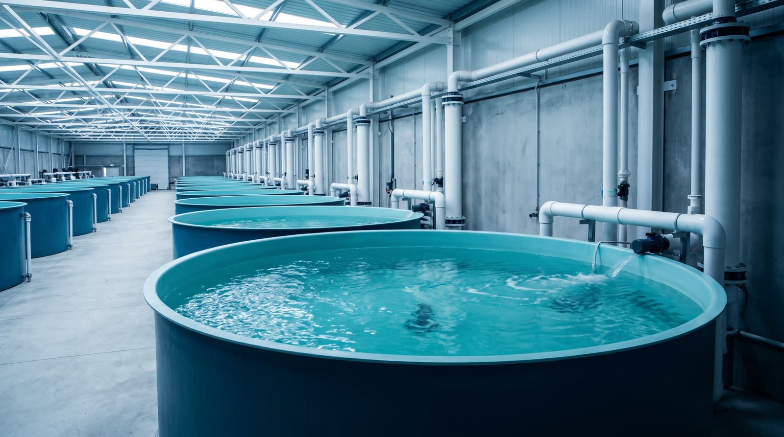 Interior of a recirculating aquaculture system hall