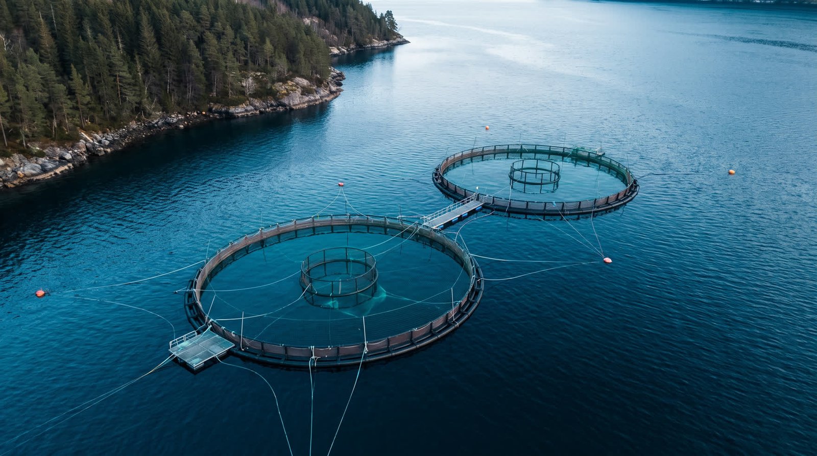 Aerial view of circular marine sea cages in a coastal fjord